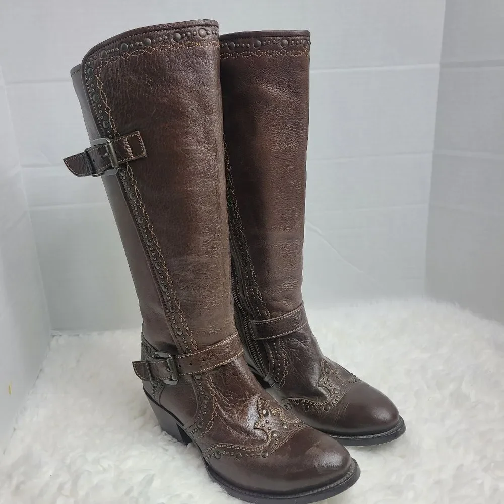 Black Star Women's Boots Size 8.5 Brown Leather Studded Zipper Western Cowboy